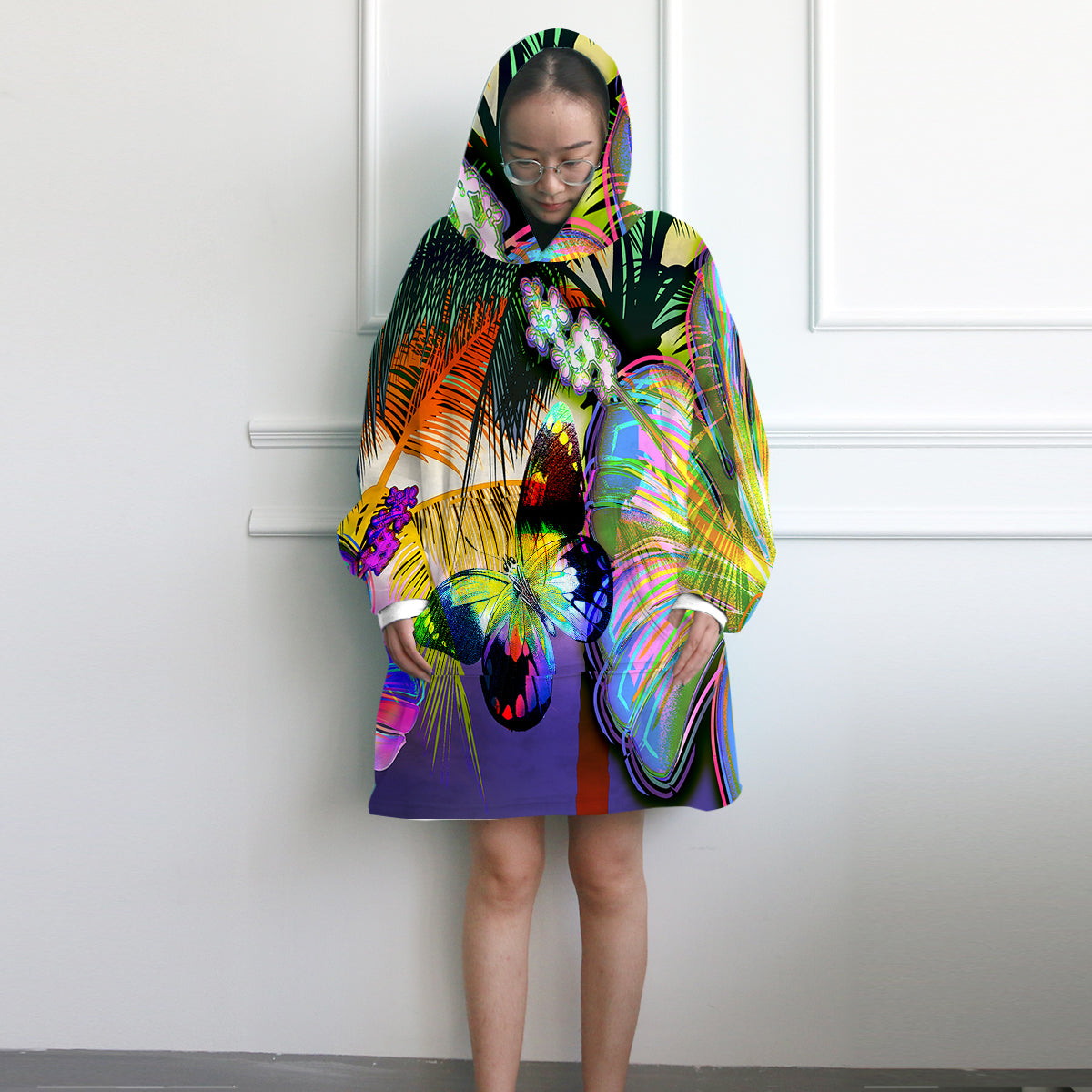 Tropical Hibiscus &amp; Butterfly Wearable Blanket Hoodie