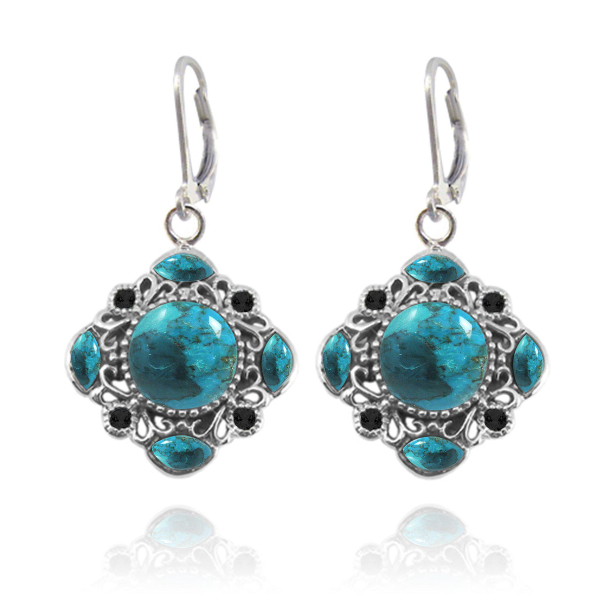 Compressed Turquoise Oxidized Silver Cuffs Earrings with 4 Marquise Shape Compressed Turquoise Stones and 4 Round Shape Black Spinal Stones