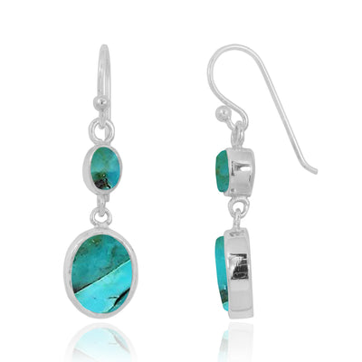 Compressed Turquoise Oxidized Silver Drop Earrings with 1 Oval Shape Compressed Turquoise Stone