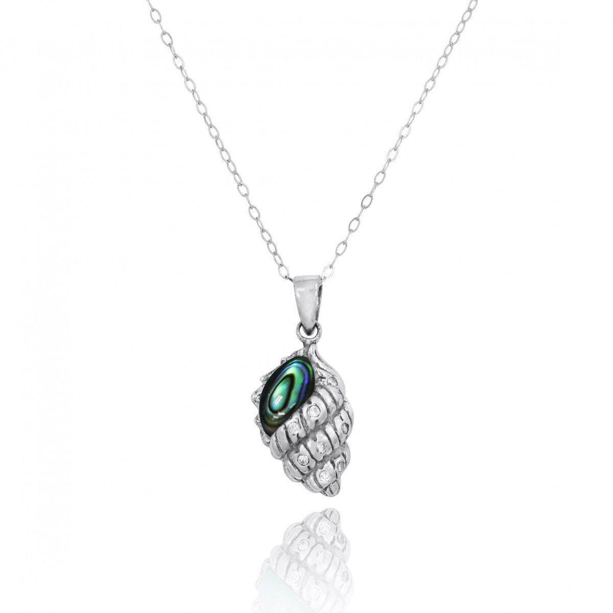 Conch Shell with Abalone Shell and White CZ Sterling Silver Pendant Necklace
