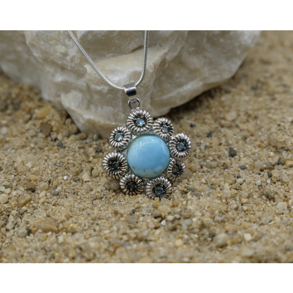 Coral Shaped Larimar Pendant with 8 Blue Topaz Stones - Only One Piece Created