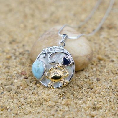 Crab Necklace with Larimar, Lapis Lazuli and Mother of Pearl