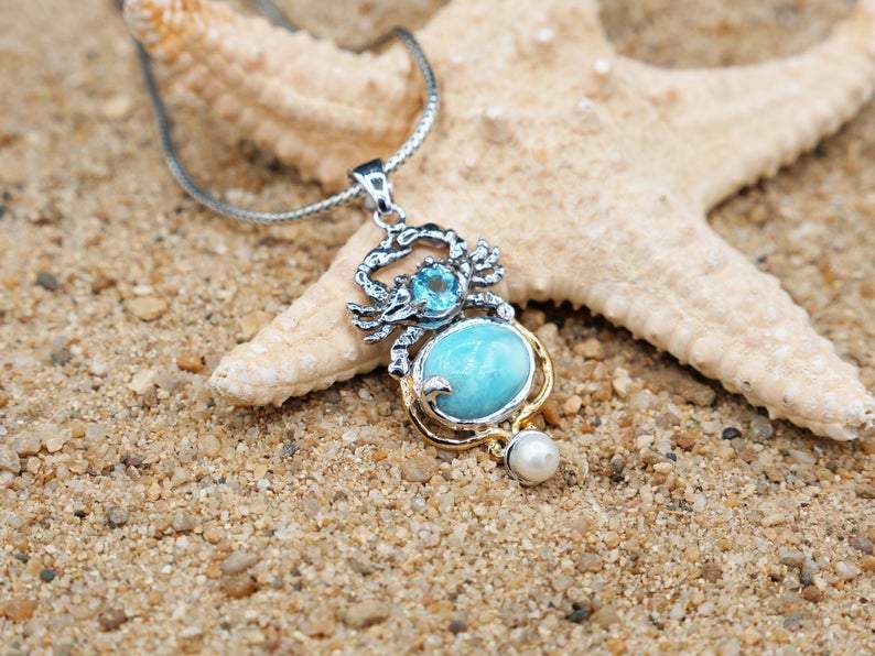 Crab Pendant with Larimar, Blue Topaz and Pearl - Only One Piece Created