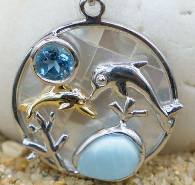 Dolphin Pendant Necklace with Larimar, Swiss Blue Topaz and Mother of Pearl Mosaic