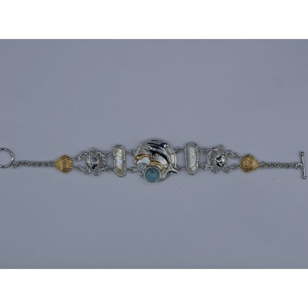 Dolphins, Crabs and Seashells Bracelet with Larimar and Pearls - Only One Piece Created