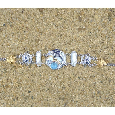Dolphins, Crabs and Seashells Bracelet with Larimar and Pearls - Only One Piece Created