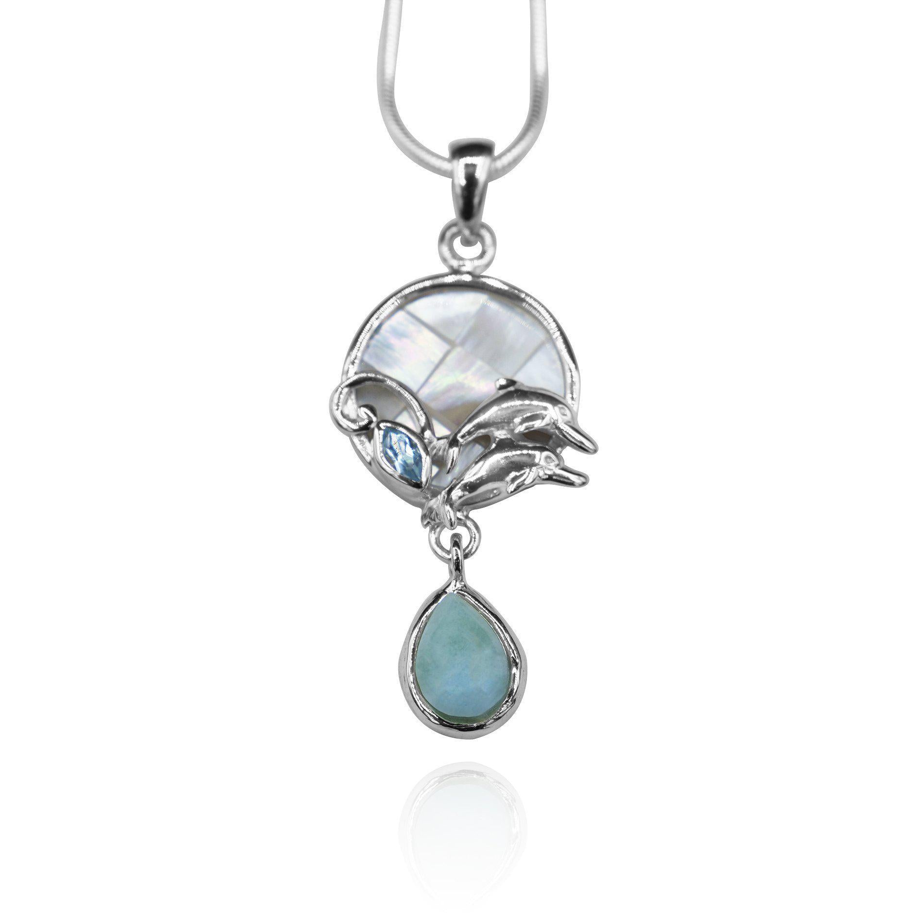 Dolphins Pendant Necklace with Blue Topaz, Mother of Pearl Mosaic and Larimar Stone