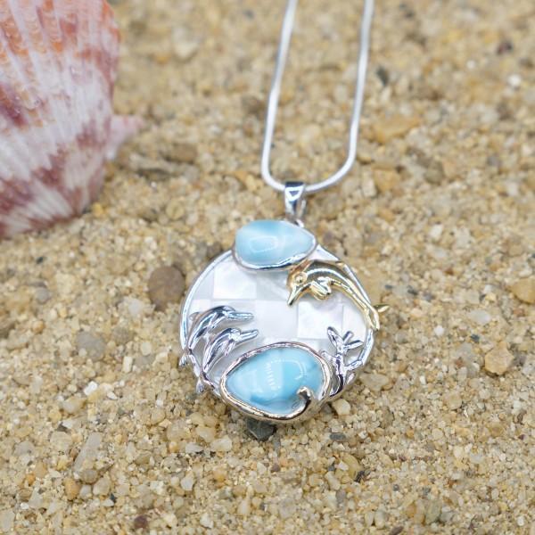 Dolphins Pendant Necklace with Two Larimar Stones and Mother of Pearl Mosaic