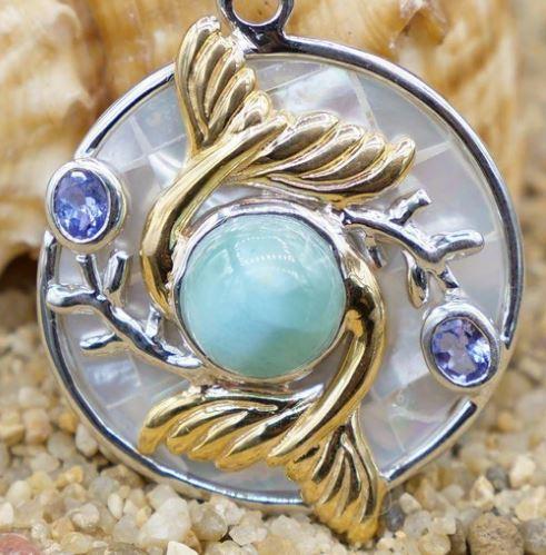 Double Mermaid Tail Pendant Necklace with Larimar, Tanzanite and Mother of Pearl Mosaic