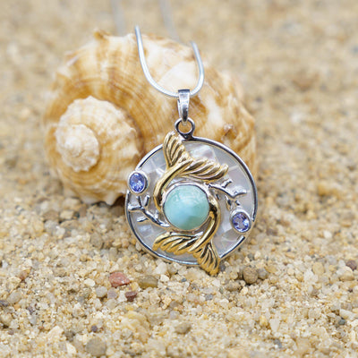 Double Mermaid Tail Pendant Necklace with Larimar, Tanzanite and Mother of Pearl Mosaic