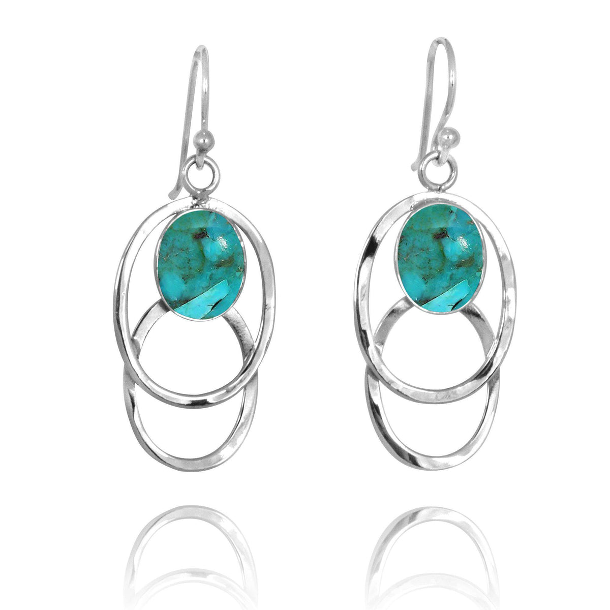 Double Silver Oval Hoop Drop Earrings with Compressed Turquoise