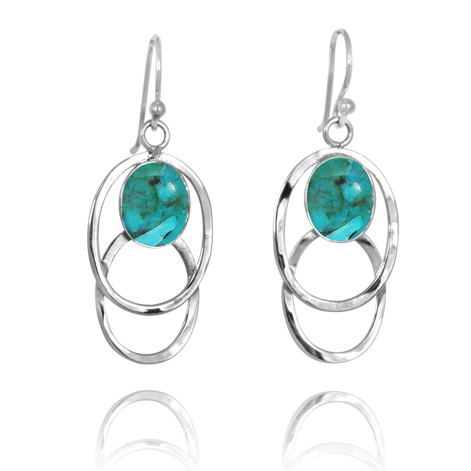 Double Silver Oval Hoop Drop Earrings with Compressed Turquoise