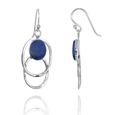 Double Silver Oval Hoop Drop Earrings with Lapis