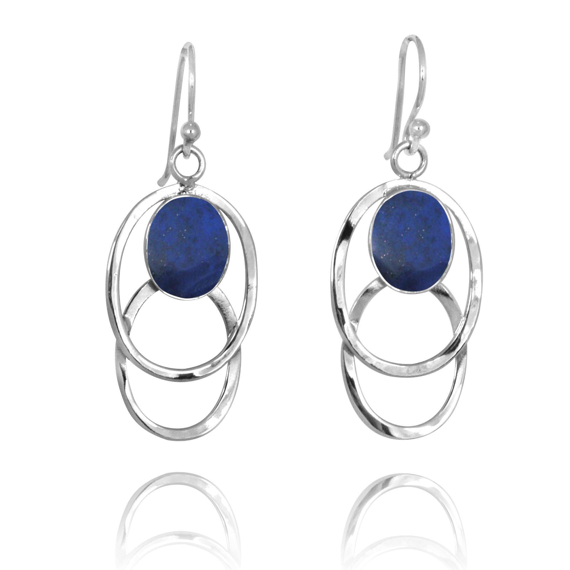 Double Silver Oval Hoop Drop Earrings with Lapis