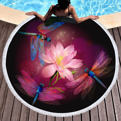 Dragonflies and Lotus Round Beach Towel