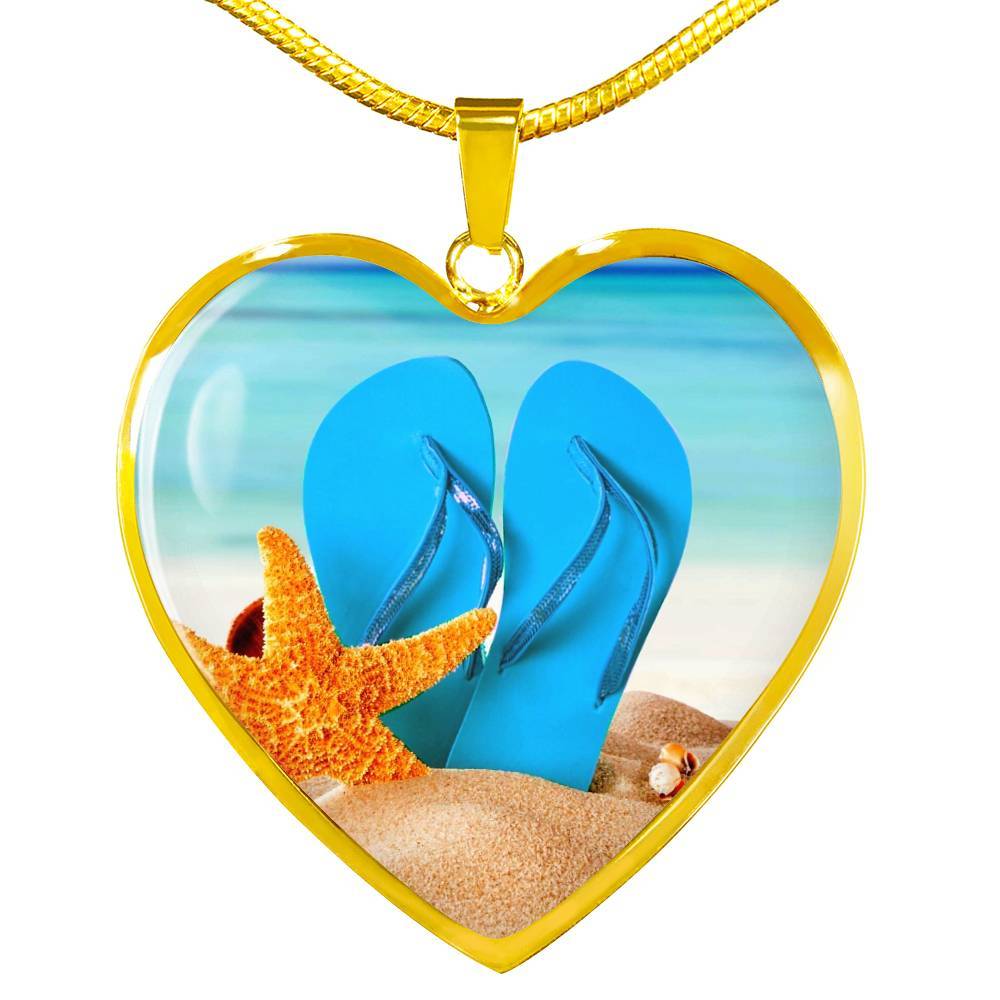 Engraving Option* New Flip Flops On The Beach - Heart Pendant Necklace