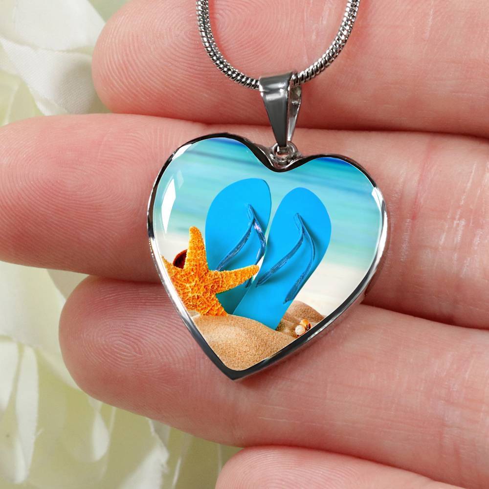 Engraving Option* New Flip Flops On The Beach - Heart Pendant Necklace
