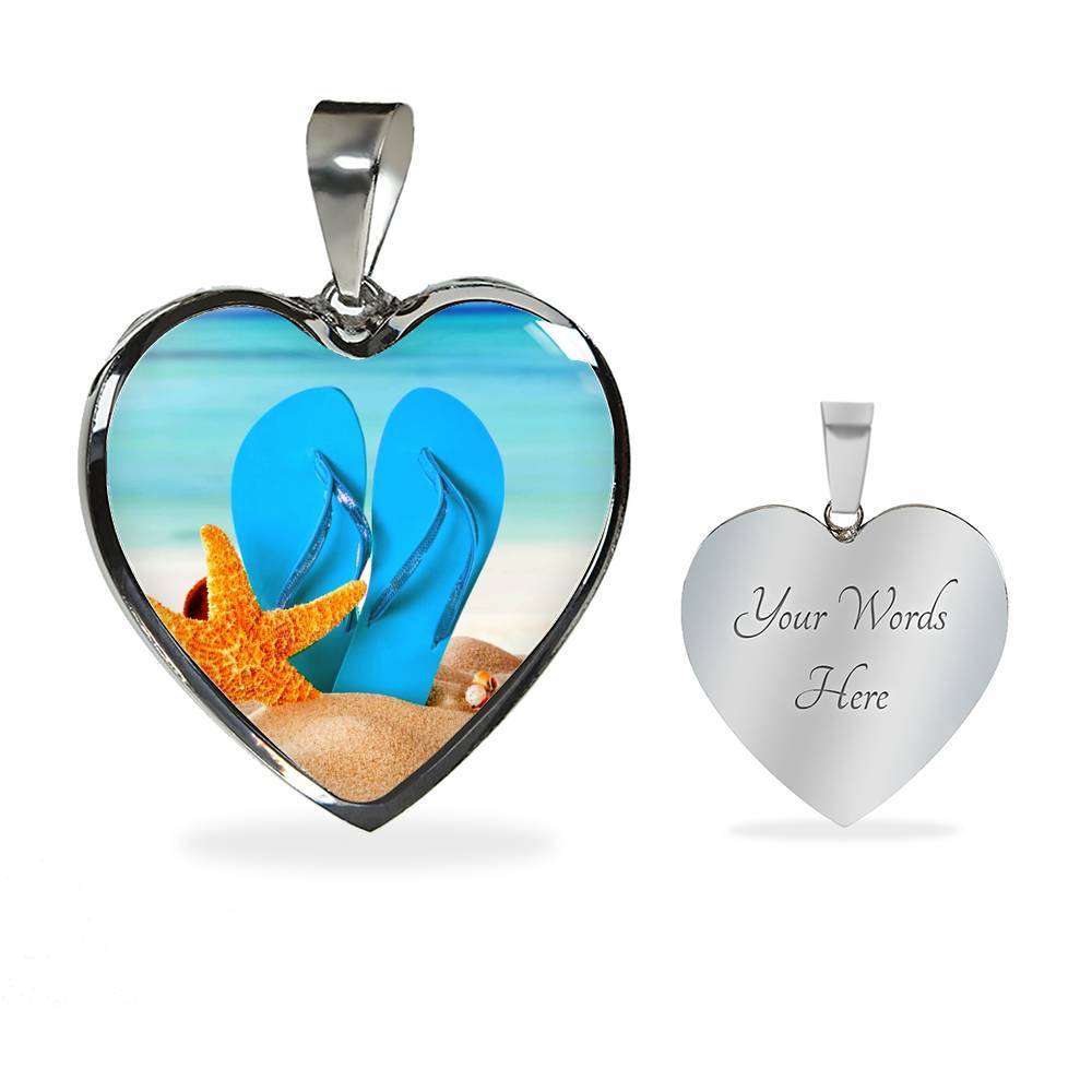 Engraving Option* New Flip Flops On The Beach - Heart Pendant Necklace