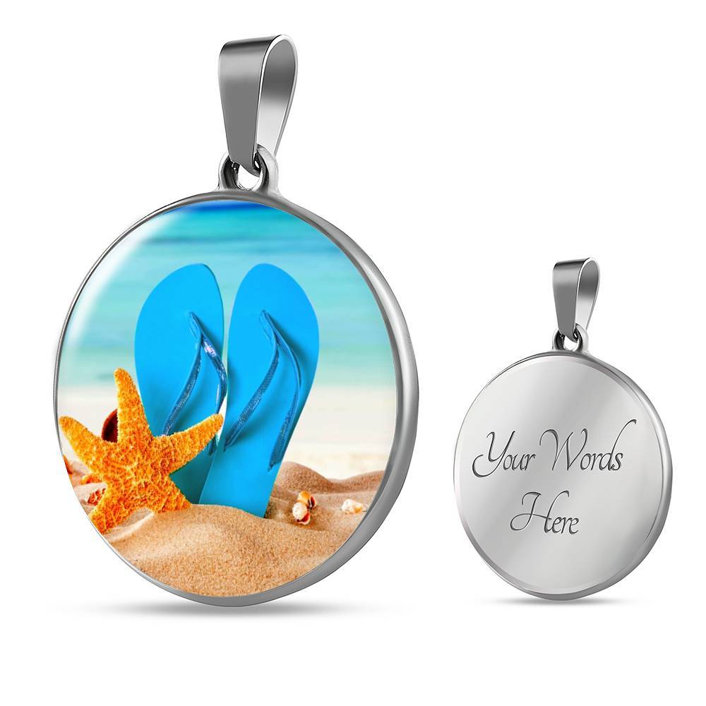 Engraving Option* New Flip Flops On The Beach - Round Pendant Necklace