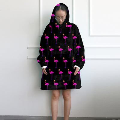 Flamingos in Black Wearable Blanket Hoodie