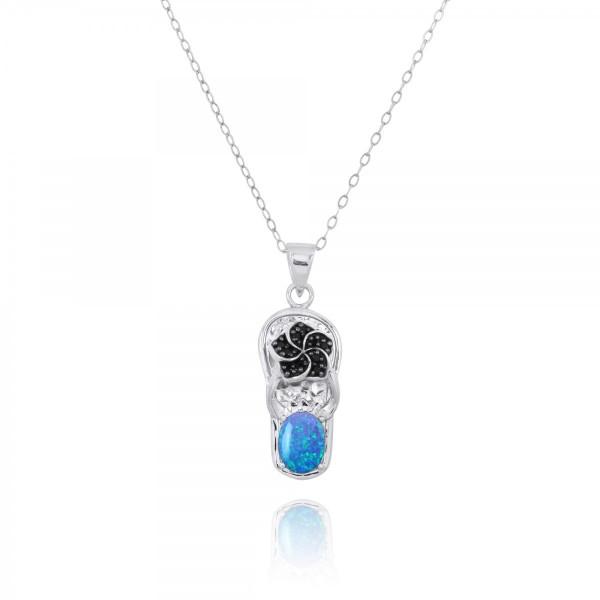 Flip Flop Pendant Necklace with Blue Opal and Black Spinel Hibiscus Flower