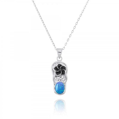 Flip Flop Pendant Necklace with Blue Opal and Black Spinel Hibiscus Flower