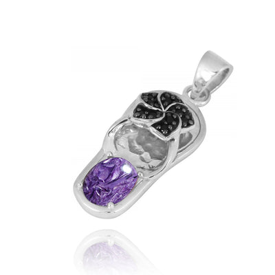 Flip Flop Pendant Necklace with Charoite and Black Spinel Hibiscus Flower