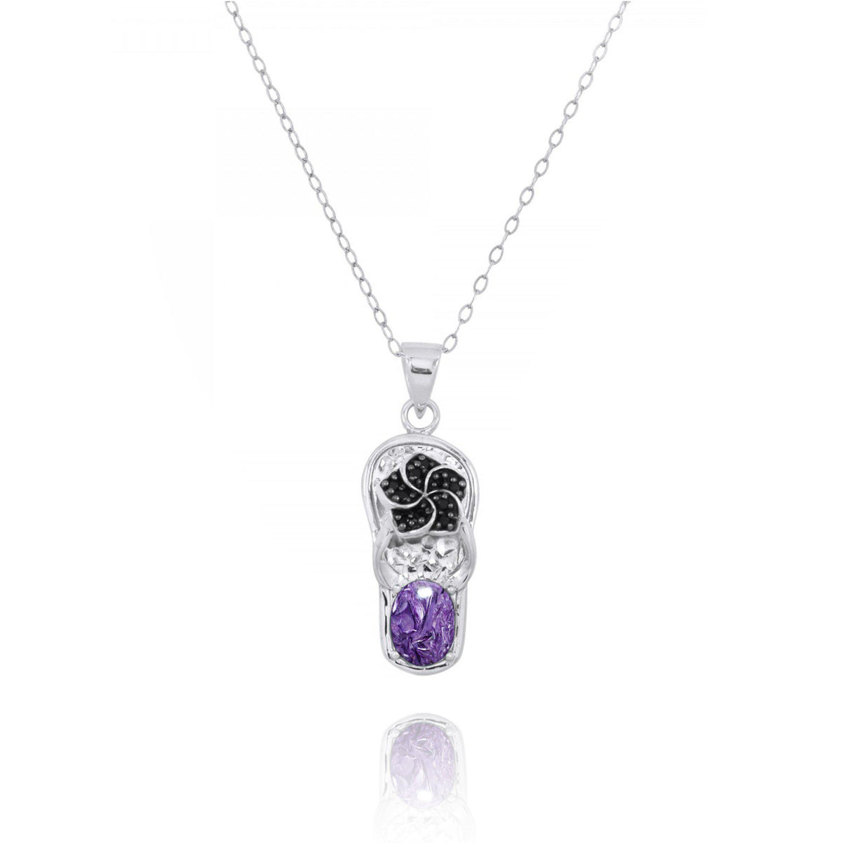 Flip Flop Pendant Necklace with Charoite and Black Spinel Hibiscus Flower