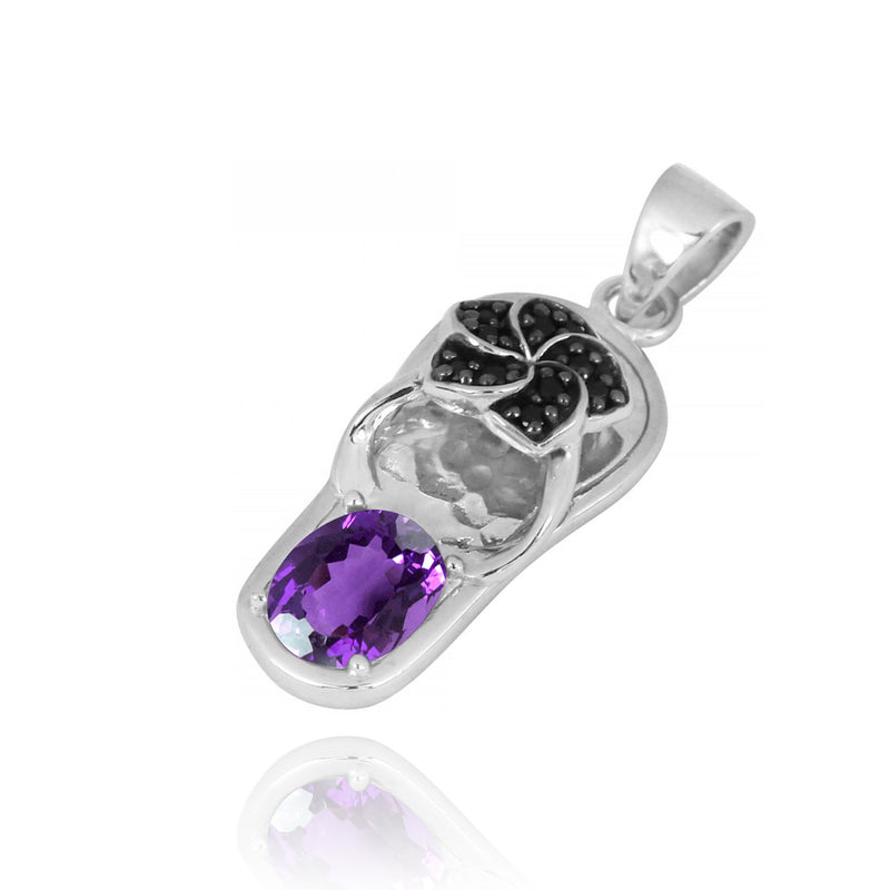 Flip Flop Pendant Necklace with Purple CZ and Black Spinel Hibiscus Flower