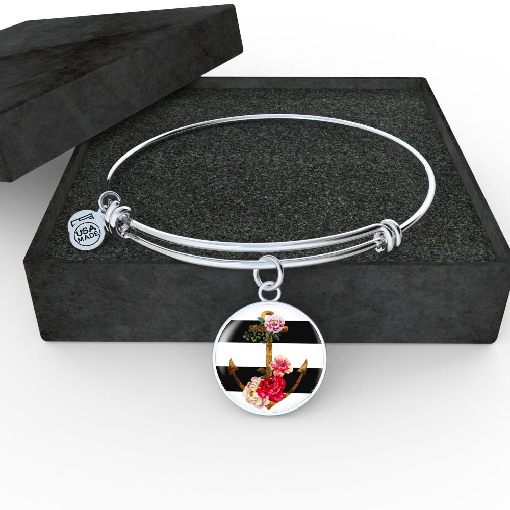 Flowery Anchor Bangle Bracelet