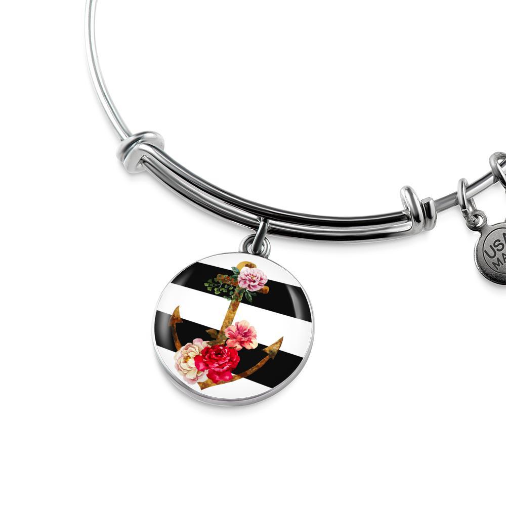 Flowery Anchor Bangle Bracelet