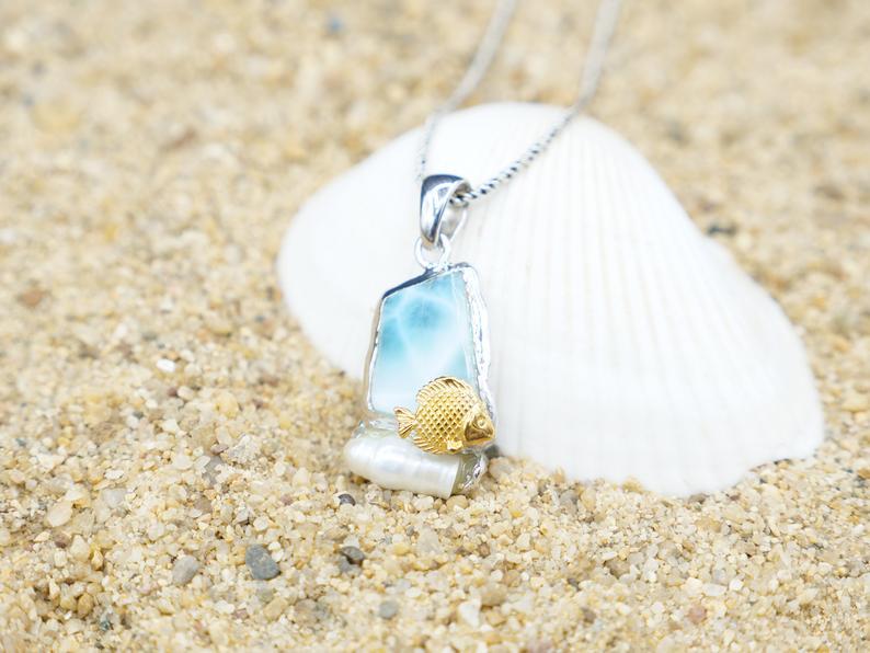 Golden Fish and Pearl Beach Pendant - Only One Piece Created