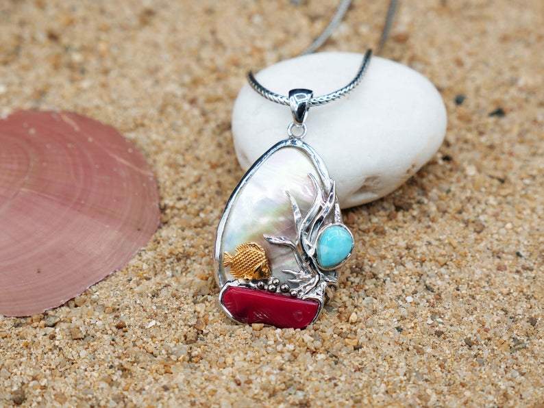 Golden Fish Beach Pendant with Natural Red Coral and Larimar - Only One Piece Created
