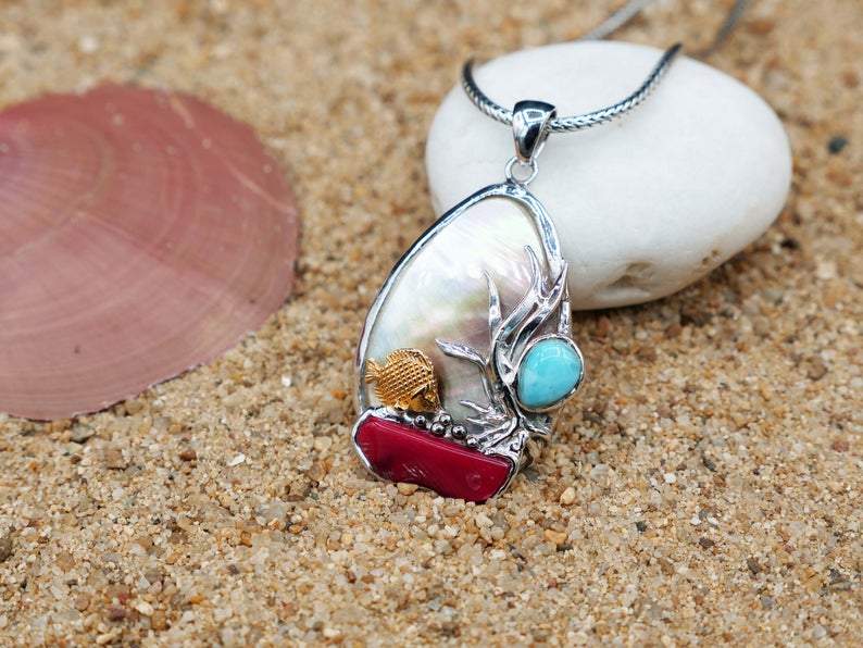Golden Fish Beach Pendant with Natural Red Coral and Larimar - Only One Piece Created