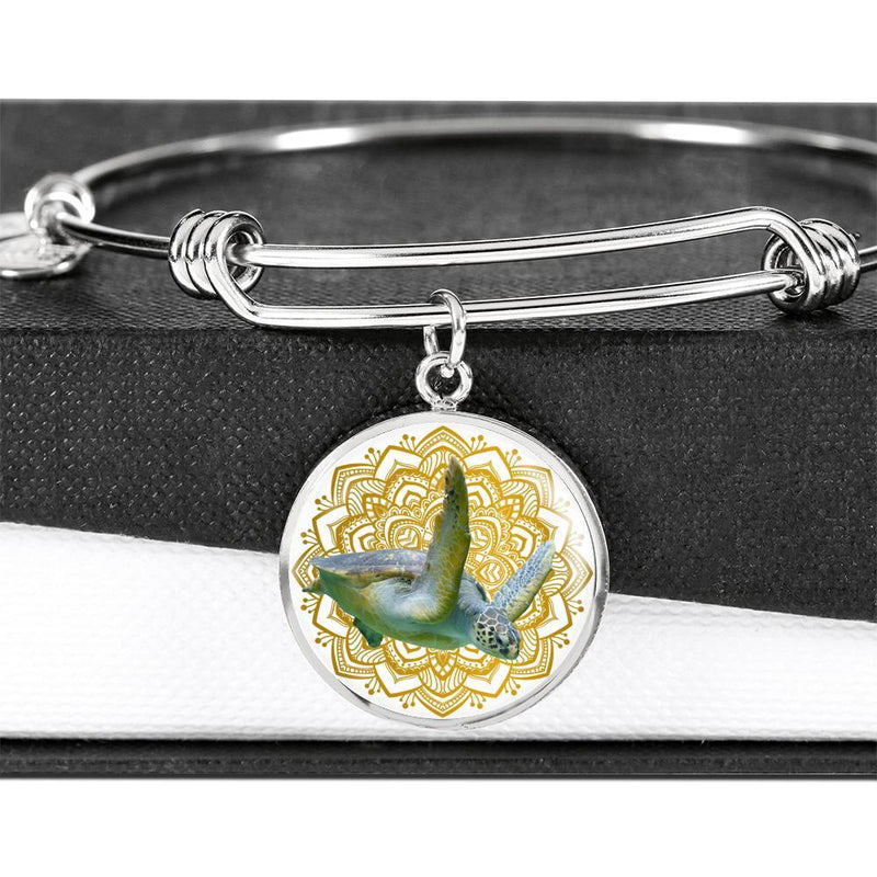 Golden Sea Turtle Mandala Bangle Bracelet