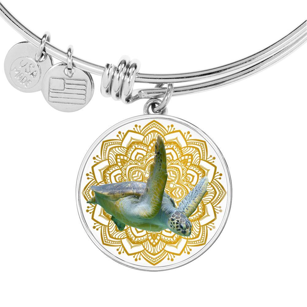Golden Sea Turtle Mandala Bangle Bracelet