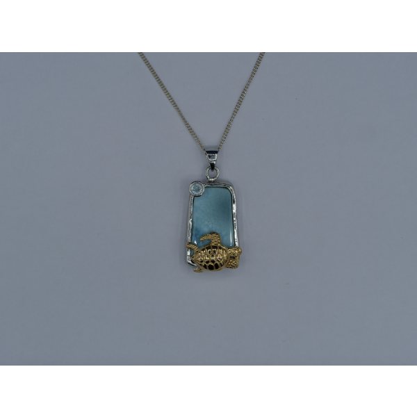 Golden Sea Turtle with Larimar and White Topaz Beach Pendant - Only One Piece Created