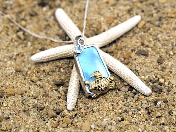 Golden Sea Turtle with Larimar and White Topaz Beach Pendant - Only One Piece Created