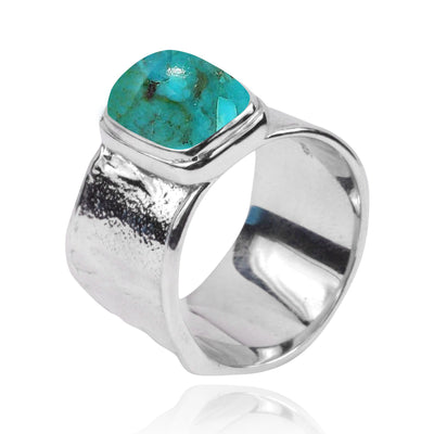 Hammered Sterling Silver Israeli Style Cushion Shaped Compressed Turquoise Ring