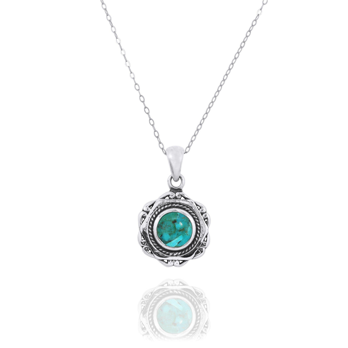 Hexagonal Shaped Oxidized Silver Pendant with Round Compressed Turquoise