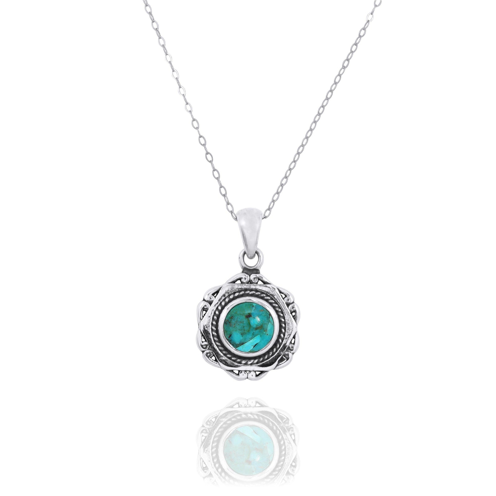 Hexagonal Shaped Oxidized Silver Pendant with Round Compressed Turquoise