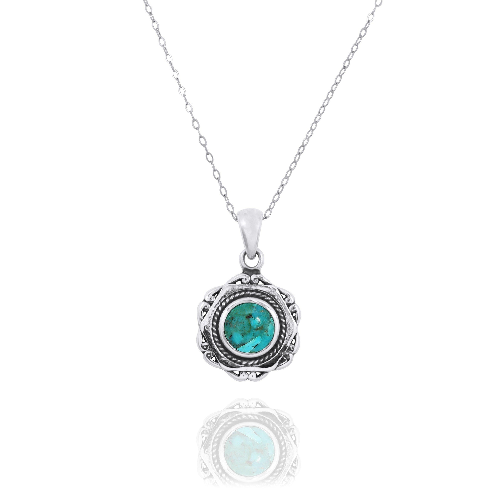 Hexagonal Shaped Oxidized Silver Pendant with Round Compressed Turquoise