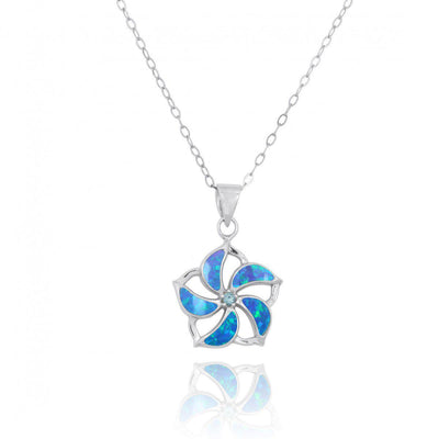 Hibiscus Shaped Sterling Silver Pendant Necklace with Blue Opal Starfish and Swiss Blue Topaz