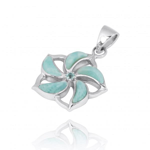 Hibiscus Shaped Sterling Silver Pendant Necklace with Larimar and Swiss Blue Topaz