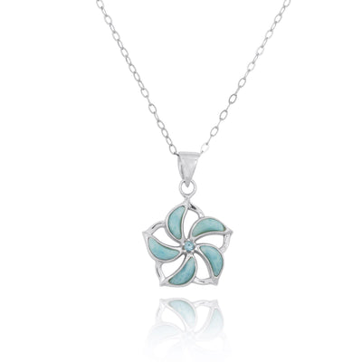 Hibiscus Shaped Sterling Silver Pendant Necklace with Larimar and Swiss Blue Topaz