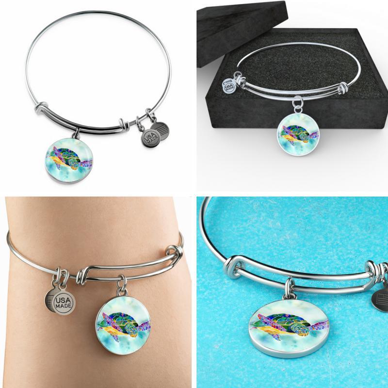 I Heart Sea Turtle Bangle Bracelet