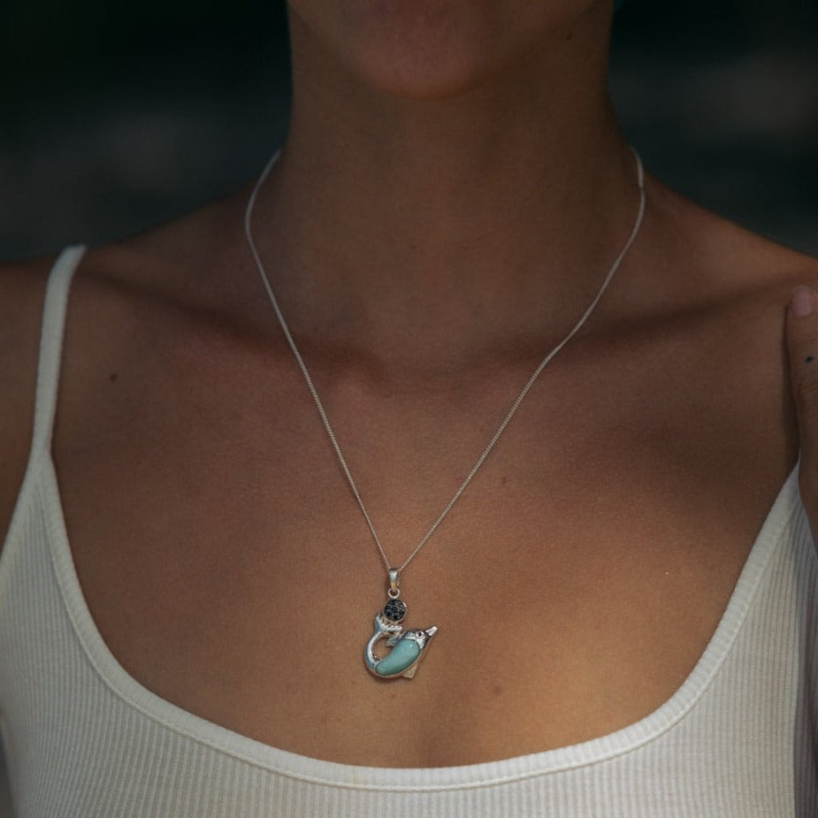 Sterling Silver Dolphin Pendant Necklace with Larimar and Black Spinel