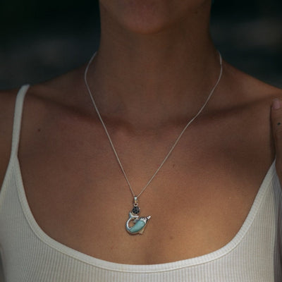 Sterling Silver Dolphin Pendant Necklace with Larimar and Black Spinel