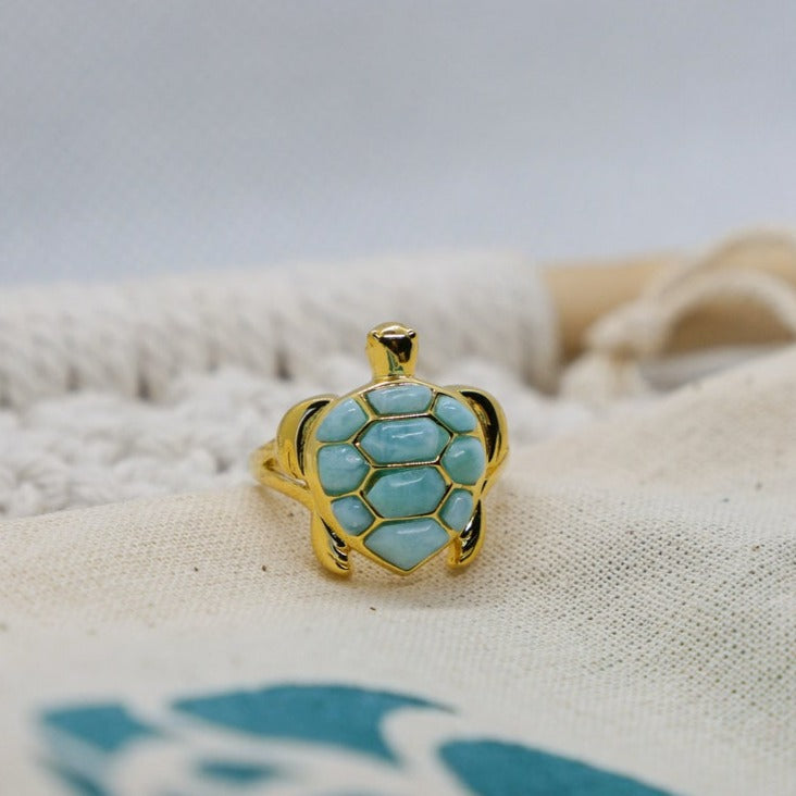Golden Turtle Ring with Larimar