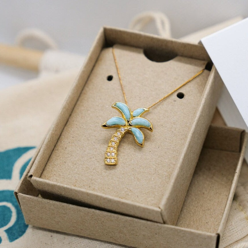 Gold Palm Tree Necklace with Larimar